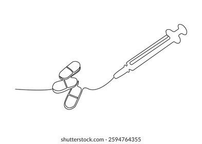 Continuous one line drawing of medicine in the medical syringe. Single line drawing illustration of Pills with syringe. Medical drugs concept vector art. Doodle line illustration.