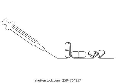 Continuous one line drawing of medicine in the medical syringe. Single line drawing illustration of Pills with syringe. Medical drugs concept vector art. Doodle line illustration.