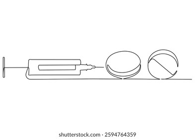 Continuous one line drawing of medicine in the medical syringe. Single line drawing illustration of Pills with syringe. Medical drugs concept vector art. Doodle line illustration.