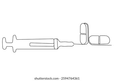 Continuous one line drawing of medicine in the medical syringe. Single line drawing illustration of Pills with syringe. Medical drugs concept vector art. Doodle line illustration.