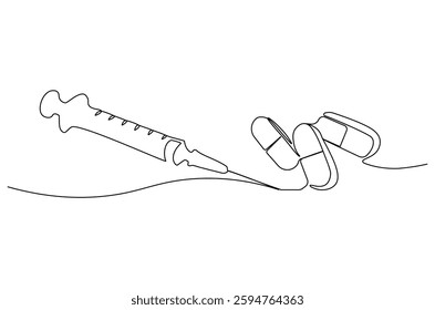 Continuous one line drawing of medicine in the medical syringe. Single line drawing illustration of Pills with syringe. Medical drugs concept vector art. Doodle line illustration.