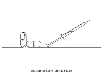 Continuous one line drawing of medicine in the medical syringe. Single line drawing illustration of Pills with syringe. Medical drugs concept vector art. Doodle line illustration.