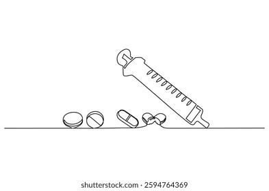 Continuous one line drawing of medicine in the medical syringe. Single line drawing illustration of Pills with syringe. Medical drugs concept vector art. Doodle line illustration.