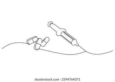 Continuous one line drawing of medicine in the medical syringe. Single line drawing illustration of Pills with syringe. Medical drugs concept vector art. Doodle line illustration.