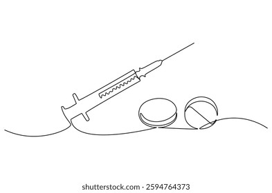 Continuous one line drawing of medicine in the medical syringe. Single line drawing illustration of Pills with syringe. Medical drugs concept vector art. Doodle line illustration.