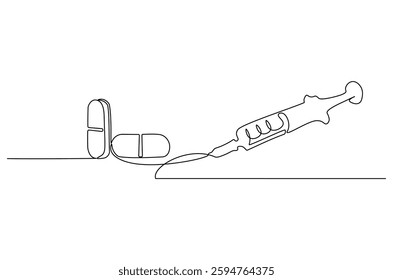 Continuous one line drawing of medicine in the medical syringe. Single line drawing illustration of Pills with syringe. Medical drugs concept vector art. Doodle line illustration.