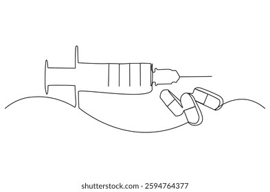 Continuous one line drawing of medicine in the medical syringe. Single line drawing illustration of Pills with syringe. Medical drugs concept vector art. Doodle line illustration.