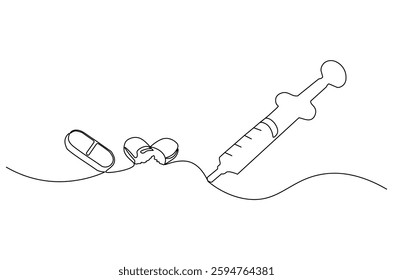 Continuous one line drawing of medicine in the medical syringe. Single line drawing illustration of Pills with syringe. Medical drugs concept vector art. Doodle line illustration.