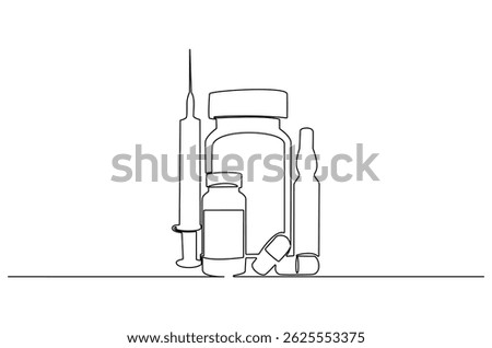 Continuous one line drawing of Medicine set with pills. Single line drawing illustration of Pharmaceutical components and capsules with drugs. Pharmacy  concept vector art. Doodle line illustration.