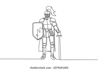 Continuous one line drawing medieval knight standing in armor and helmet holding shield and sword. Full body armor suit, European medieval knight character. Single line draw design vector illustration