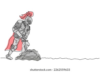 Continuo dibujo de una línea caballero medieval en armadura, capa y casco con pluma. Guerrero de la Edad Media de pie intenta sacar la espada excalibur de la piedra. Vector de diseño de tracción de línea única
