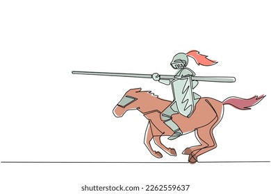 Continuous one line drawing medieval knight tournament cartoon composition with horseman in suits of armor in jousting contest. Medieval heraldry symbol. Single line draw design vector illustration