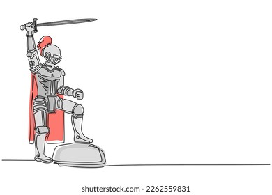 Continuous one line drawing medieval knight standing in armor and helmet holding shield and raised sword standing on top of rock. Ancient fighter. Single line draw design vector graphic illustration