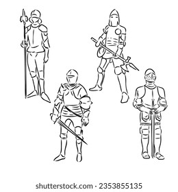 Continuo dibujo de una línea caballero medieval de pie en armadura