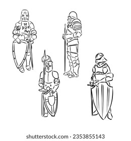 Continuous one line drawing medieval knight standing in armor