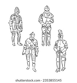 Continuous one line drawing medieval knight standing in armor