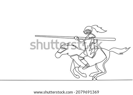 Continuous one line drawing medieval knight tournament cartoon composition with horseman in suits of armor in jousting contest. Medieval heraldry symbol. Single line draw design vector illustration