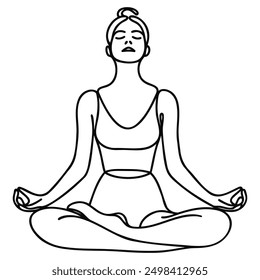 Continuous one line drawing. The meditating woman is sitting in the lotus position. The concept of yoga, peace of mind, esoteric practices. Minimalist vector illustration.