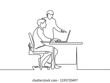 Continuous one line drawing. Meeting and coworkers discussing work on screen. Black and white vector illustration. 