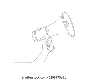 Continuous one line drawing of megaphone speaker or horn speaker hold by hand sign and symbol for announcement and news. Single line drawing vector illustration.