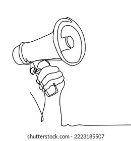 Continuous one line drawing of Megaphone announcement, One continuous single line drawing of hand hold horn isolated.