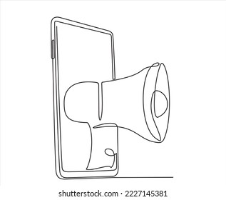 Continuous one line drawing of megaphone in smartphone. Digital marketing. Single line draw design vector graphic illustration.