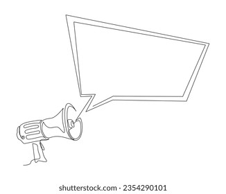 Dibujo continuo de una línea del altavoz megáfono con el chat de burbujas. Megáfono con ilustración vectorial del contorno de voz de burbuja. Trazo editable.