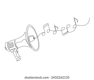 Continuous one line drawing of megaphone speaker with music notes. Bullhorn megaphone speaker with music notes outline vector illustration. Editable stroke.