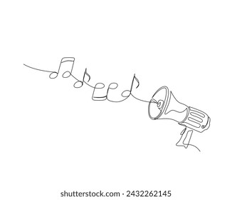 Dibujo continuo de una línea de altavoz megafónico con notas musicales. Bullhorn megáfono altavoz con notas de música contorno ilustración vectorial. Trazo editable.