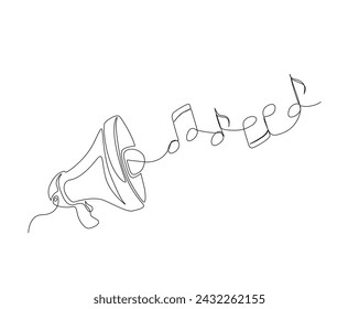 Kontinuierliche einzeilige Zeichnung von Megaphon-Lautsprecher mit Noten. Bullhorn Megaphon Lautsprecher mit Musik Noten Umriss Vektor-Illustration. Bearbeitbarer Strich.
