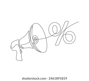 Continuous one line drawing of megaphone speaker with discount symbol. Bullhorn speaker with percentage symbol outline vector illustration. Editable stroke.