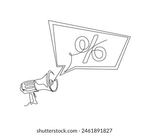 Dibujo continuo de una línea de altavoz megafónico con símbolo de descuento. Altavoz Bullhorn con Ilustración vectorial de contorno de símbolo porcentual. Trazo editable.