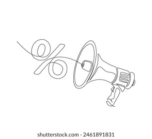 Dibujo continuo de una línea de altavoz megafónico con símbolo de descuento. Altavoz Bullhorn con Ilustración vectorial de contorno de símbolo porcentual. Trazo editable.
