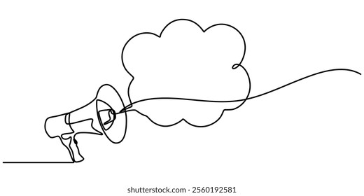Continuous one line drawing of megaphone speaker with bubble chat. Megaphone with bubble speech outline vector illustration. Editable stroke, One continuous line drawing of loudspeaker bullhorn pro.