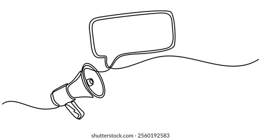 Continuous one line drawing of megaphone speaker with bubble chat. Megaphone with bubble speech outline vector illustration. Editable stroke, One continuous line drawing of loudspeaker bullhorn pro.