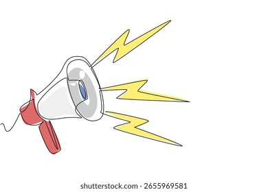 Continuous one line drawing megaphone with loud thunder sound effects. Voice enhancer when giving a speech. Demonstration. National Save Your Hearing Day. Single line draw design vector illustration