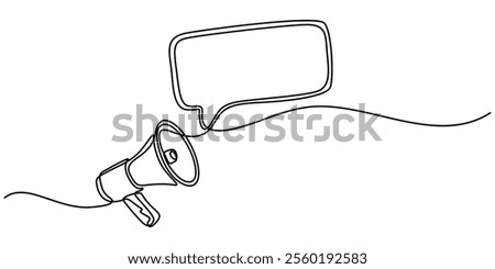 Continuous one line drawing of megaphone speaker with bubble chat. Megaphone with bubble speech outline vector illustration. Editable stroke, One continuous line drawing of loudspeaker bullhorn pro.
