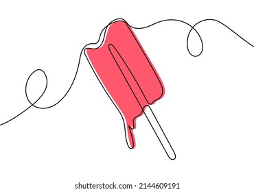 Continuous One Line Drawing Of Melting Popcicle. Concept Of Ice Cream Cafe, Shop, Restaurant Dessert Menu. Modern Style Vector Illustration.