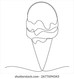 Dibujo continuo de una línea de helado derretido en cono de gofre Ilustración vectorial de concepto de postre minimalista