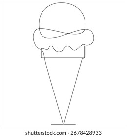 Dibujo continuo de una línea de helado derretido en cono de gofre Ilustración vectorial de concepto de postre minimalista