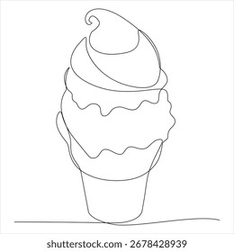 Dibujo continuo de una línea de helado derretido en cono de gofre Ilustración vectorial de concepto de postre minimalista