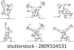 Continuous one line drawing of men breakdancing and performing hip-hop dance moves. Minimalist urban culture, b-boying, and active lifestyle concept vector art.