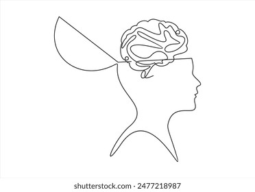 Continuous one line drawing men head and brain inside.The concept of thinking ideas inside the person's head. Vector illustration