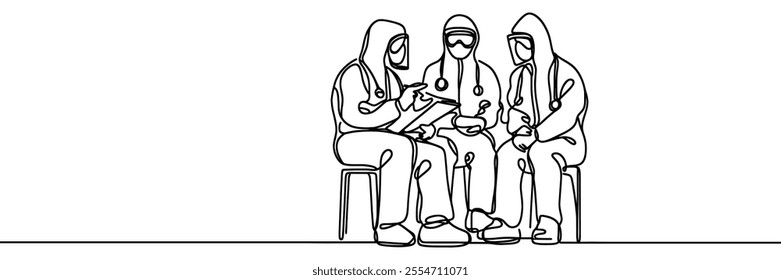 Continuous one line drawing of men in protective suit to protect body from virus and disease. Vector illustration