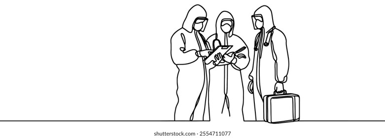 Continuous one line drawing of men in protective suit to protect body from virus and disease. Vector illustration