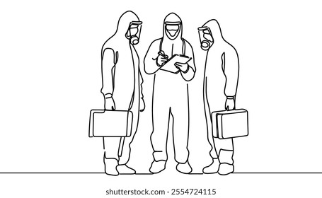 Continuous one line drawing of men in protective suit to protect body from virus and disease. Vector illustration