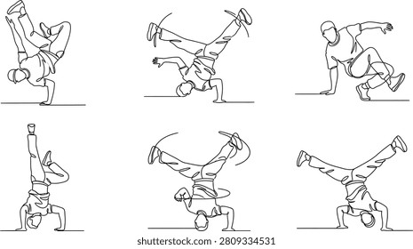 Continuous one line drawing of men breakdancing and performing hip-hop dance moves. Minimalist urban culture, b-boying, and active lifestyle concept vector art.