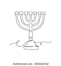 Continuous one line drawing of menorah stands in silhouette on a white background. Linear stylized.