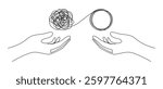 Continuous one line drawing of mental health concept. Chaotically tangled line and untied knot in form of circle. Unravels bad mental health. Doodle Vector illustration
