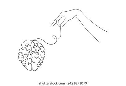 Dibujo continuo de una línea del concepto de salud mental con cerebro de mano y humano. Símbolo de mente limpia y enfermedades cerebrales en un estilo lineal simple. Trazo editable. Ilustración de Doodle Vector